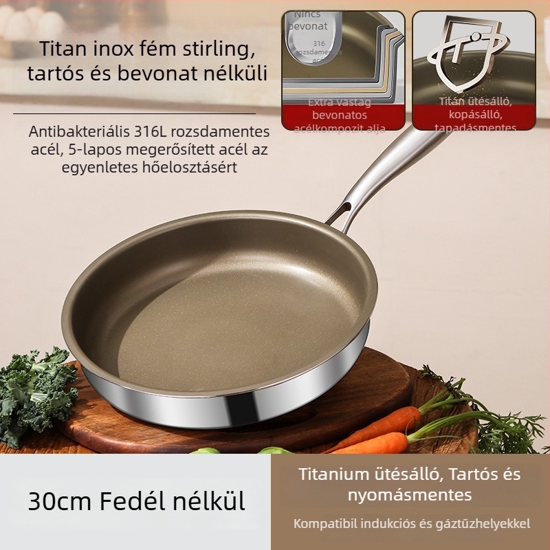 Fedő nélküli serpenyő 316L rozsdamentes acélból, többrétegű aljzattal, kompatibil indukciós és gáz égővel, üvegfedő