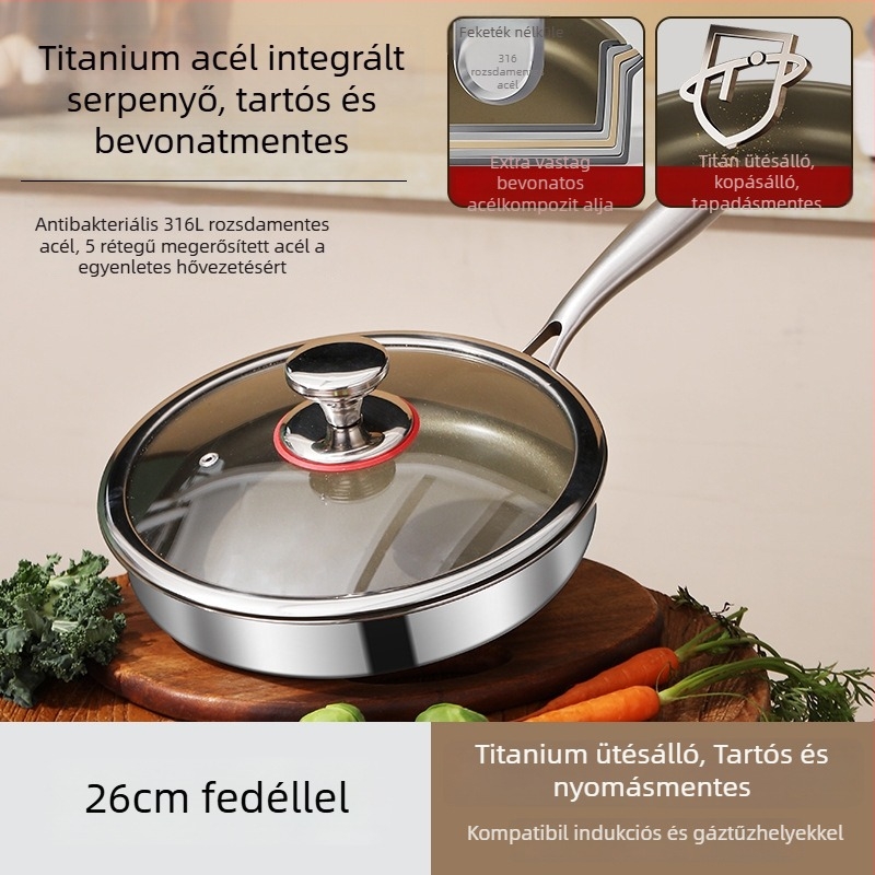 Fedő nélküli serpenyő 316L rozsdamentes acélból, többrétegű aljzattal, kompatibil indukciós és gáz égővel, üvegfedő