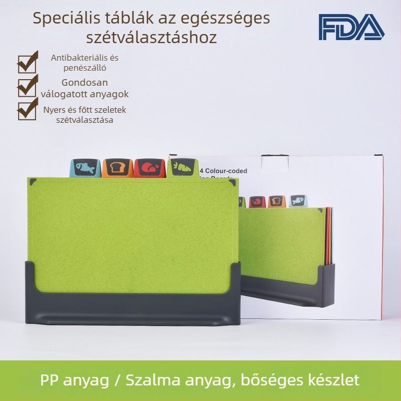 Csecsemő étkeztetéséhez tervezett vágódeszka készlet kés-tartóval és elválasztó deszkákkal