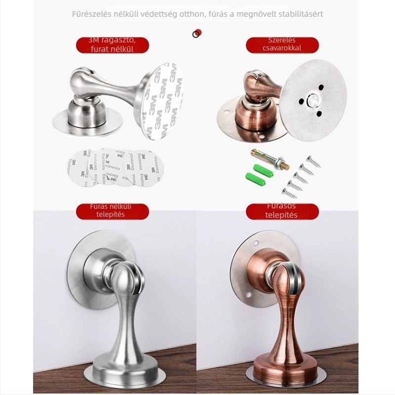 Ajtóstopper, Modell Yasabi 828, Rozsdamentes acél, Fúrás nélkül, Padlóra szerelhető, Automatikus