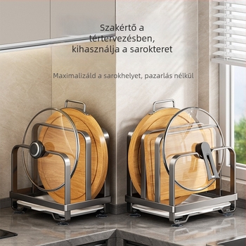 Konyhai tároló állvány - szénacél, többfunkciós, mozgatható, telepítés nélkül; téglalap alakú, modern minimalist szervező edényekhez, sapkákhoz és vágódeszkákhoz; sarok, munkalap vagy padlón álló