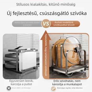 Konyhai tároló állvány - szénacél, többfunkciós, mozgatható, telepítés nélkül; téglalap alakú, modern minimalist szervező edényekhez, sapkákhoz és vágódeszkákhoz; sarok, munkalap vagy padlón álló