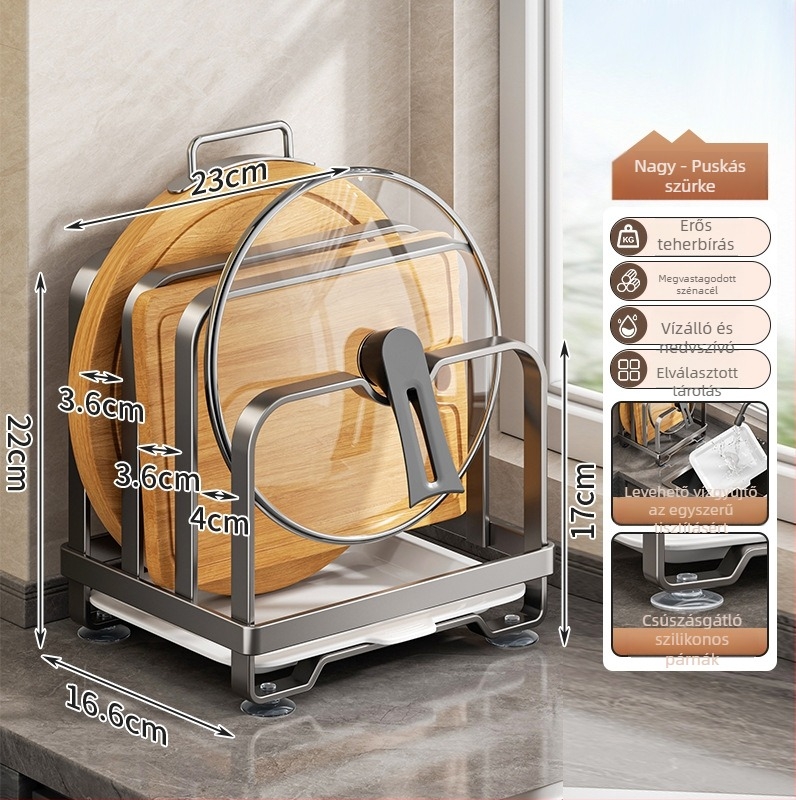 Konyhai tároló állvány - szénacél, többfunkciós, mozgatható, telepítés nélkül; téglalap alakú, modern minimalist szervező edényekhez, sapkákhoz és vágódeszkákhoz; sarok, munkalap vagy padlón álló