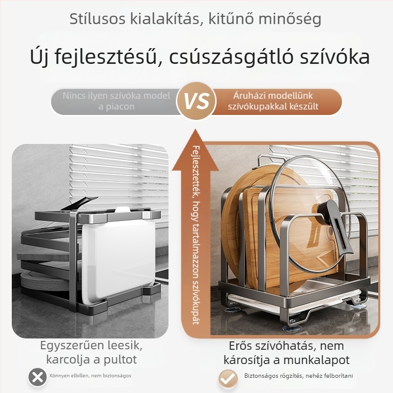 Konyhai tároló állvány - szénacél, többfunkciós, mozgatható, telepítés nélkül; téglalap alakú, modern minimalist szervező edényekhez, sapkákhoz és vágódeszkákhoz; sarok, munkalap vagy padlón álló