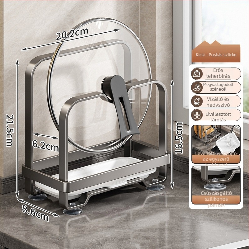 Konyhai tároló állvány - szénacél, többfunkciós, mozgatható, telepítés nélkül; téglalap alakú, modern minimalist szervező edényekhez, sapkákhoz és vágódeszkákhoz; sarok, munkalap vagy padlón álló