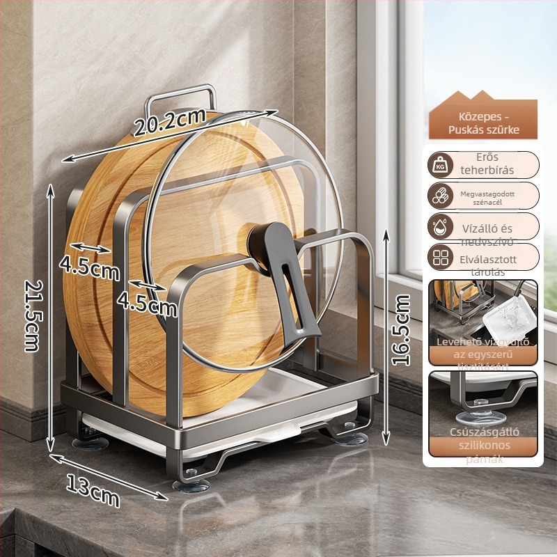 Konyhai tároló állvány - szénacél, többfunkciós, mozgatható, telepítés nélkül; téglalap alakú, modern minimalist szervező edényekhez, sapkákhoz és vágódeszkákhoz; sarok, munkalap vagy padlón álló