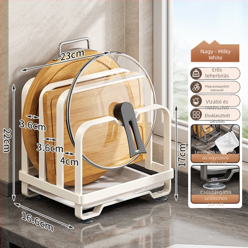 Konyhai tároló állvány - szénacél, többfunkciós, mozgatható, telepítés nélkül; téglalap alakú, modern minimalist szervező edényekhez, sapkákhoz és vágódeszkákhoz; sarok, munkalap vagy padlón álló