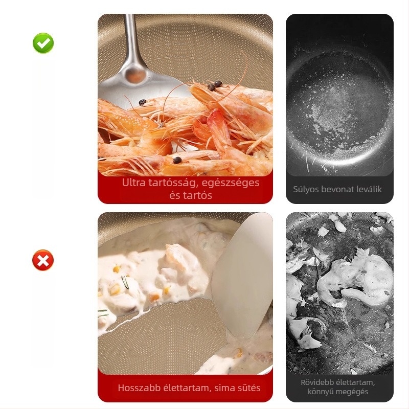 Tapadásmentes serpenyő 316 rozsdamentes acélból, többszörös alsó réteg, indukciós tűzhelyhez alkalmas, vastagított aljzat