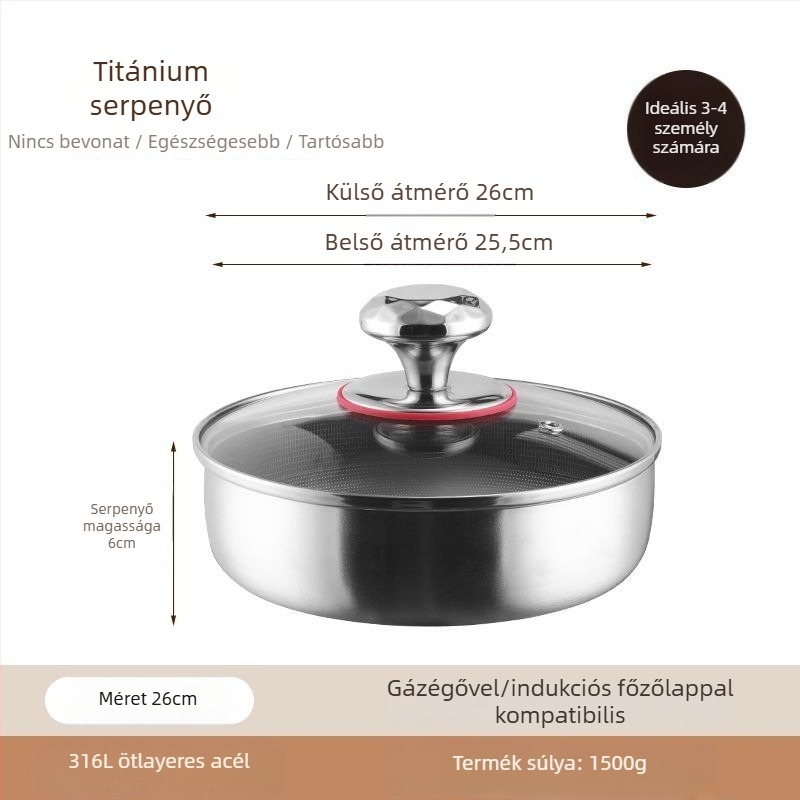 Tapadásmentes serpenyő 316 rozsdamentes acélból, többszörös alsó réteg, indukciós tűzhelyhez alkalmas, vastagított aljzat