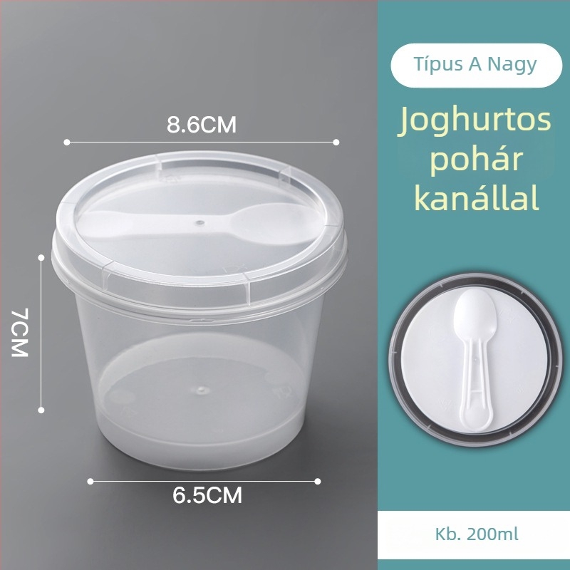 Egyszer használatos joghurtos pohár fedővel — PP anyag, Strange book márka, logónyomtatás elérhető, testreszabás elérhető, nem biológiailag lebomló