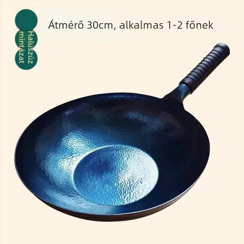 Wok kovácsoltvasból, bevonat nélküli, indukciós tűzhelyhez kompatibilis, pikkelyes modell, egyoldalas aljzattal