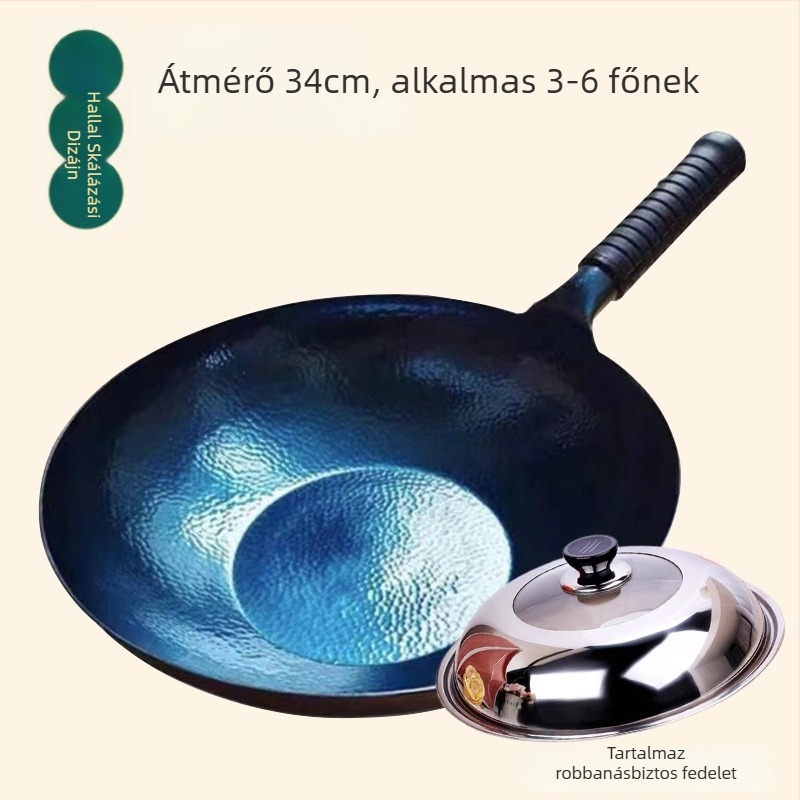 Wok kovácsoltvasból, bevonat nélküli, indukciós tűzhelyhez kompatibilis, pikkelyes modell, egyoldalas aljzattal