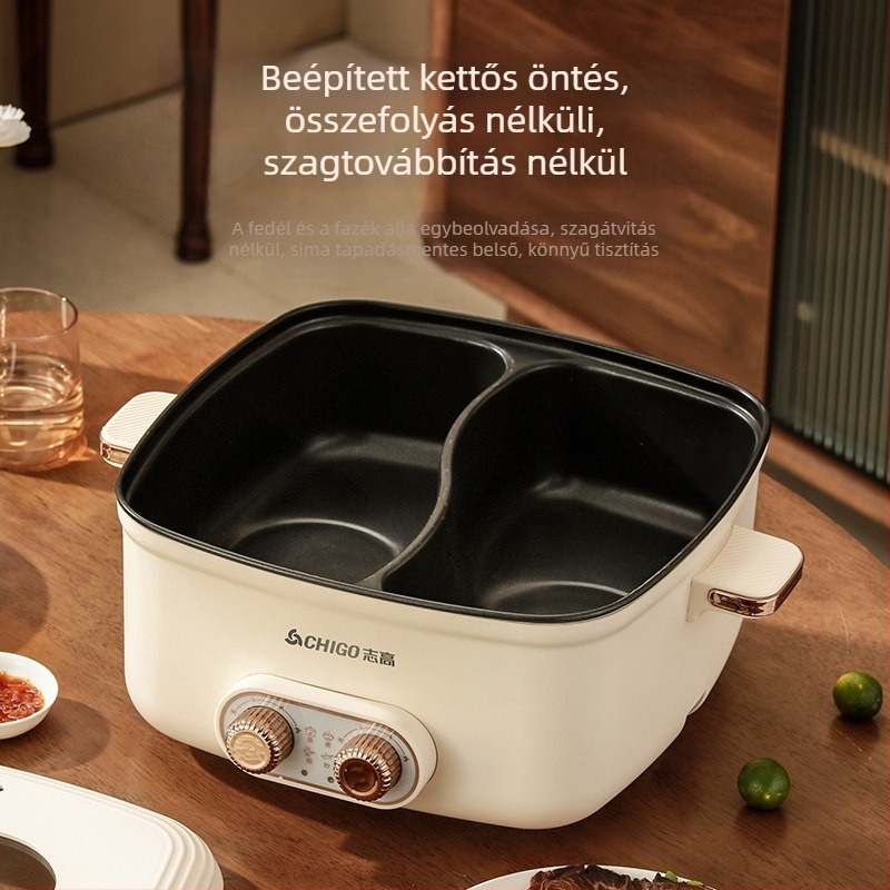 Négyzet alakú Yuanyang elektromos forróedény, dupla hőmérsékletszabályozás, 4–5 literes kapacitás, nem tapadó belső edény, Shabu-shabu és grill funkció
