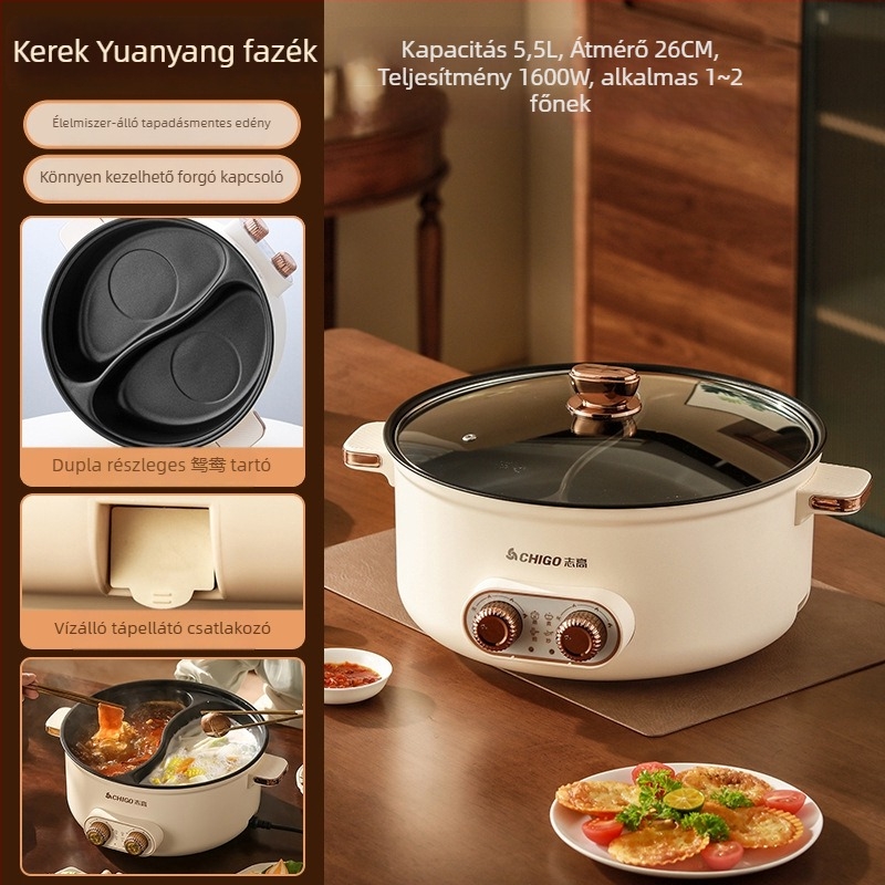 Négyzet alakú Yuanyang elektromos forróedény, dupla hőmérsékletszabályozás, 4–5 literes kapacitás, nem tapadó belső edény, Shabu-shabu és grill funkció