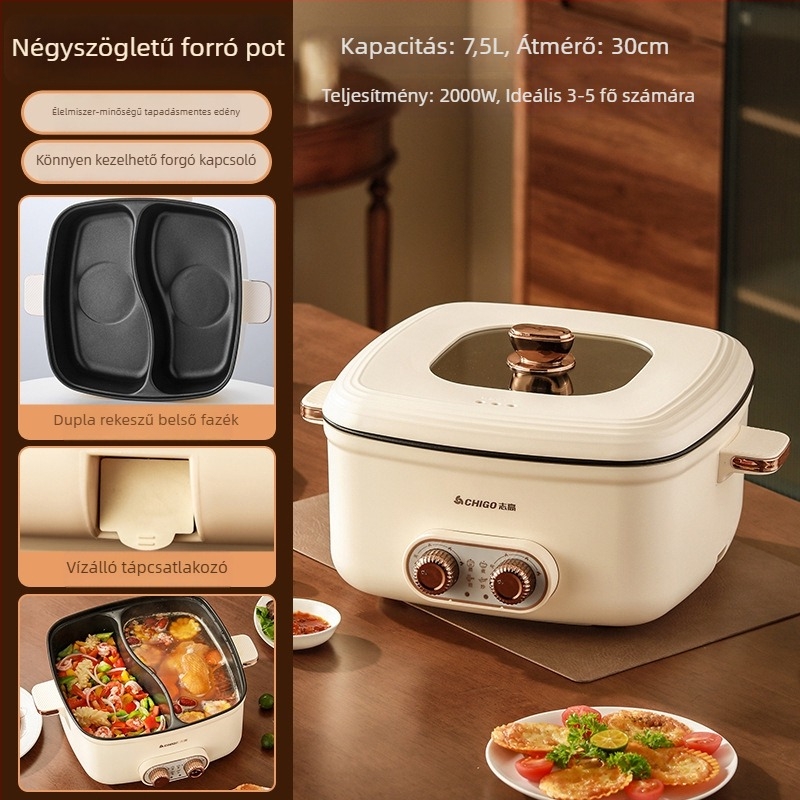 Négyzet alakú Yuanyang elektromos forróedény, dupla hőmérsékletszabályozás, 4–5 literes kapacitás, nem tapadó belső edény, Shabu-shabu és grill funkció