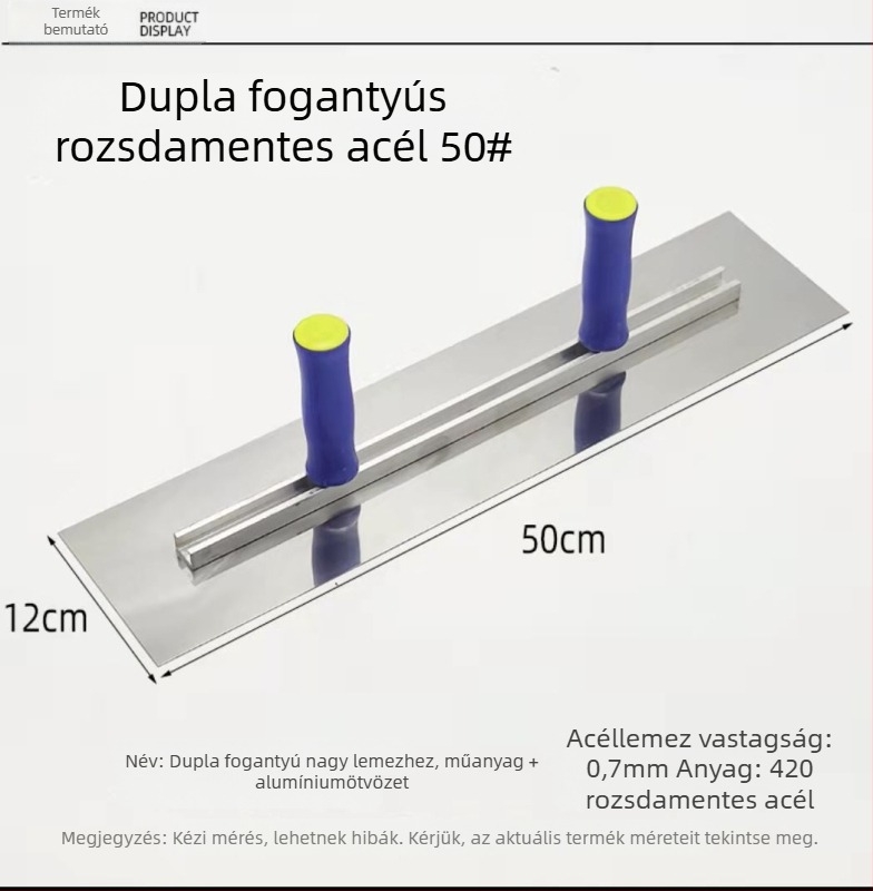 Lapos glettvas két fogantyúval, rozsdamentes acél talplemez, test alumínium ötvözetből, állítható lemez