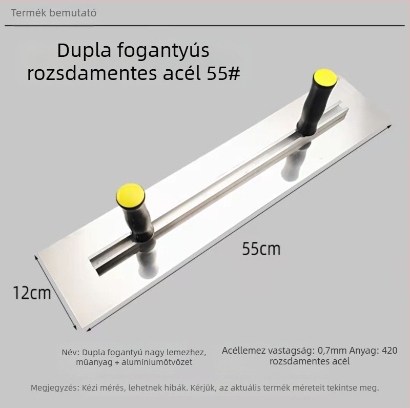 Lapos glettvas két fogantyúval, rozsdamentes acél talplemez, test alumínium ötvözetből, állítható lemez