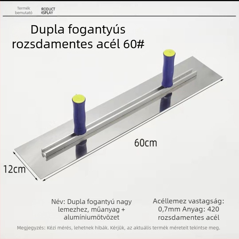 Lapos glettvas két fogantyúval, rozsdamentes acél talplemez, test alumínium ötvözetből, állítható lemez