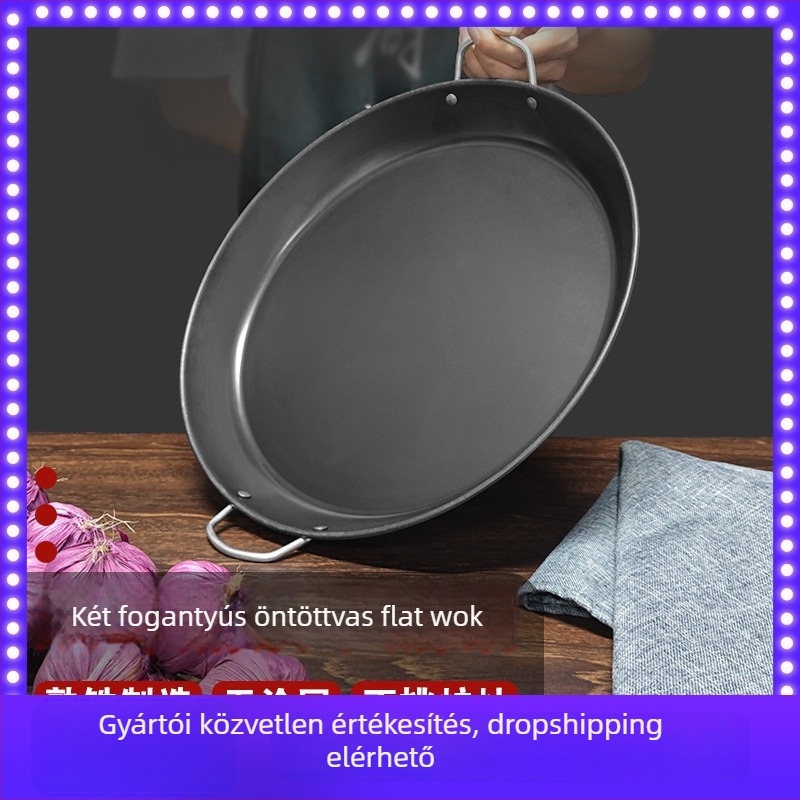 Két fogantyúval rendelkező vas grillserpenyő, sík aljjal, bevonat nélküli felülettel, otthoni és kereskedelmi használatra