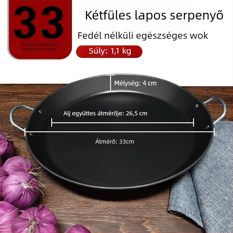 Két fogantyúval rendelkező vas grillserpenyő, sík aljjal, bevonat nélküli felülettel, otthoni és kereskedelmi használatra