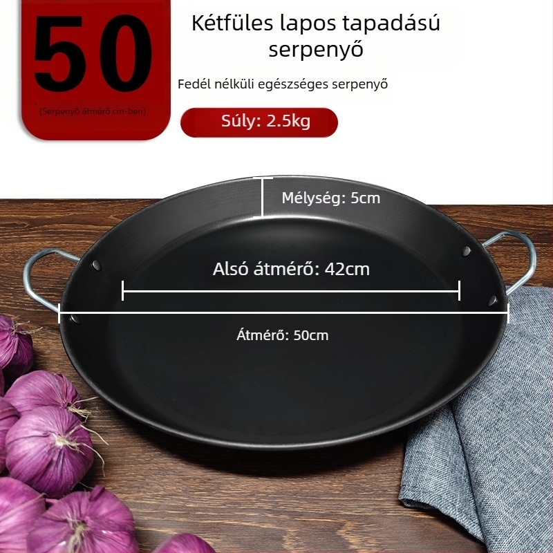 Két fogantyúval rendelkező vas grillserpenyő, sík aljjal, bevonat nélküli felülettel, otthoni és kereskedelmi használatra