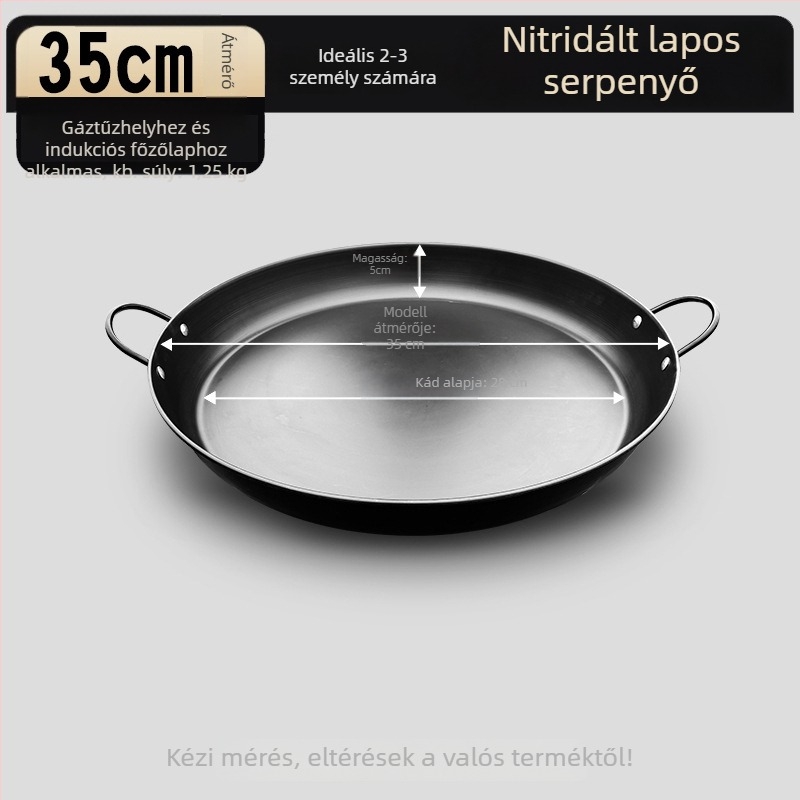 Két fogantyúval rendelkező vas grillserpenyő, sík aljjal, bevonat nélküli felülettel, otthoni és kereskedelmi használatra