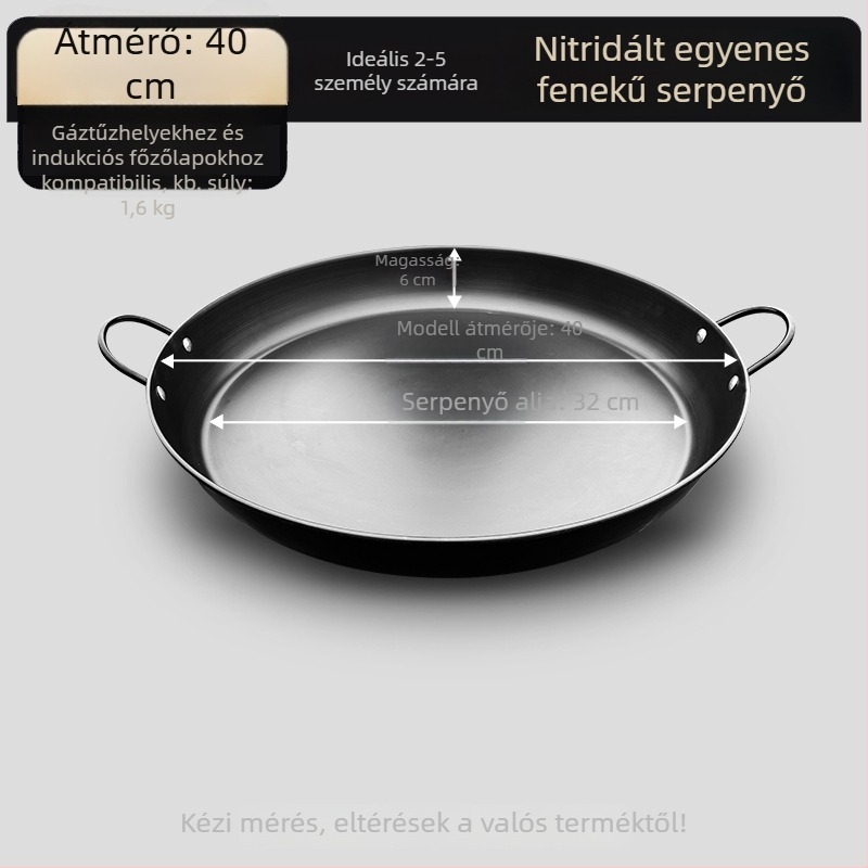 Két fogantyúval rendelkező vas grillserpenyő, sík aljjal, bevonat nélküli felülettel, otthoni és kereskedelmi használatra