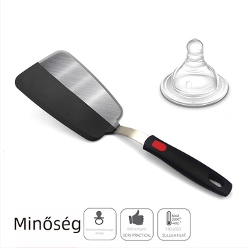 Teppanyaki szilikon spatula rugós acél maggal és műanyag fogantyúval; tapadásmentes, hőálló, égési sérülés elleni.
