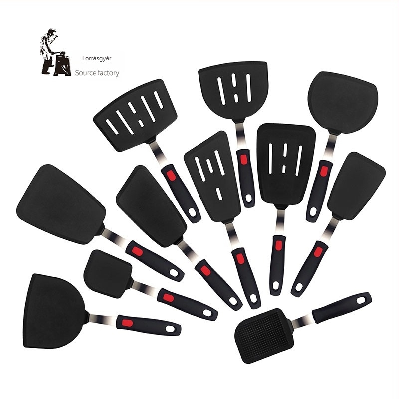 Teppanyaki szilikon spatula rugós acél maggal és műanyag fogantyúval; tapadásmentes, hőálló, égési sérülés elleni.
