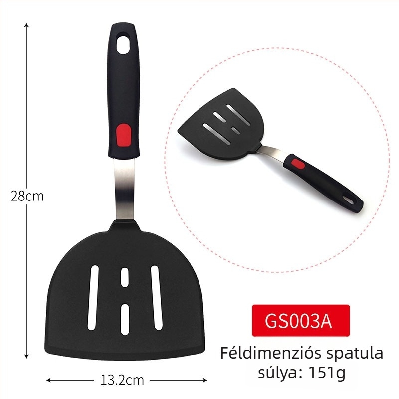 Teppanyaki szilikon spatula rugós acél maggal és műanyag fogantyúval; tapadásmentes, hőálló, égési sérülés elleni.