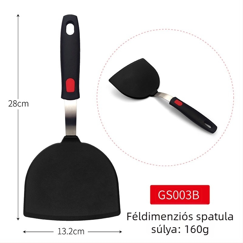 Teppanyaki szilikon spatula rugós acél maggal és műanyag fogantyúval; tapadásmentes, hőálló, égési sérülés elleni.