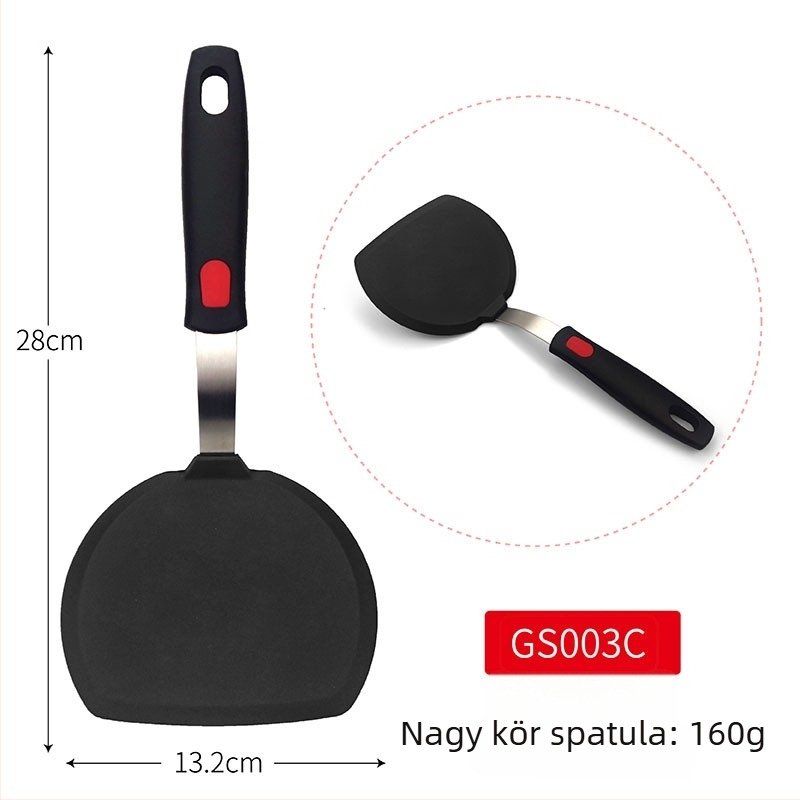 Teppanyaki szilikon spatula rugós acél maggal és műanyag fogantyúval; tapadásmentes, hőálló, égési sérülés elleni.