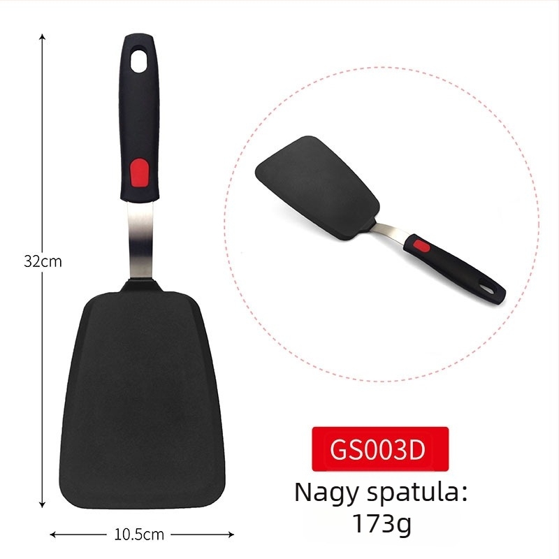 Teppanyaki szilikon spatula rugós acél maggal és műanyag fogantyúval; tapadásmentes, hőálló, égési sérülés elleni.