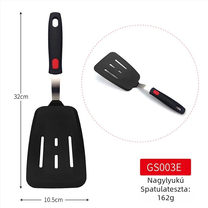 Teppanyaki szilikon spatula rugós acél maggal és műanyag fogantyúval; tapadásmentes, hőálló, égési sérülés elleni.