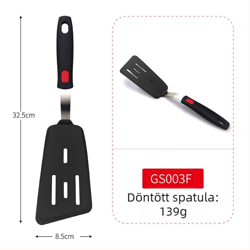 Teppanyaki szilikon spatula rugós acél maggal és műanyag fogantyúval; tapadásmentes, hőálló, égési sérülés elleni.