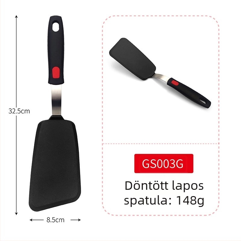 Teppanyaki szilikon spatula rugós acél maggal és műanyag fogantyúval; tapadásmentes, hőálló, égési sérülés elleni.