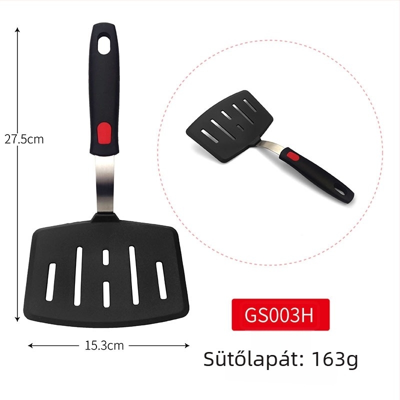 Teppanyaki szilikon spatula rugós acél maggal és műanyag fogantyúval; tapadásmentes, hőálló, égési sérülés elleni.