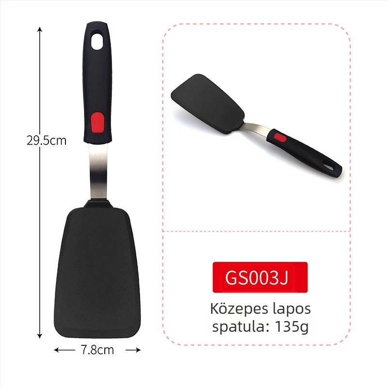 Teppanyaki szilikon spatula rugós acél maggal és műanyag fogantyúval; tapadásmentes, hőálló, égési sérülés elleni.
