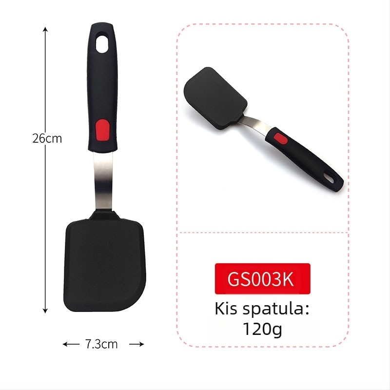 Teppanyaki szilikon spatula rugós acél maggal és műanyag fogantyúval; tapadásmentes, hőálló, égési sérülés elleni.
