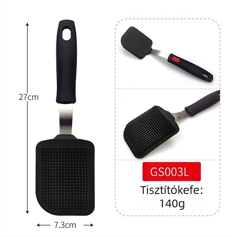 Teppanyaki szilikon spatula rugós acél maggal és műanyag fogantyúval; tapadásmentes, hőálló, égési sérülés elleni.