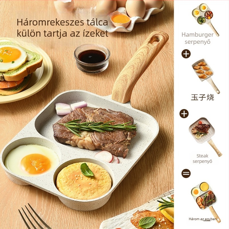 Három az egyben reggeli serpenyő, tapadásmentes lapos serpenyő tojásokhoz, palacsintákhoz, omletekhez, hamburgerekhez és steakhez