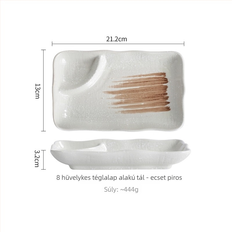 Porcelán négyszögletes tál mártóhálóval és ecetes edénykével, retro stílus, alglazúros szín