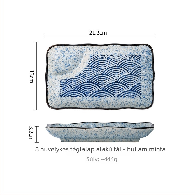 Porcelán négyszögletes tál mártóhálóval és ecetes edénykével, retro stílus, alglazúros szín