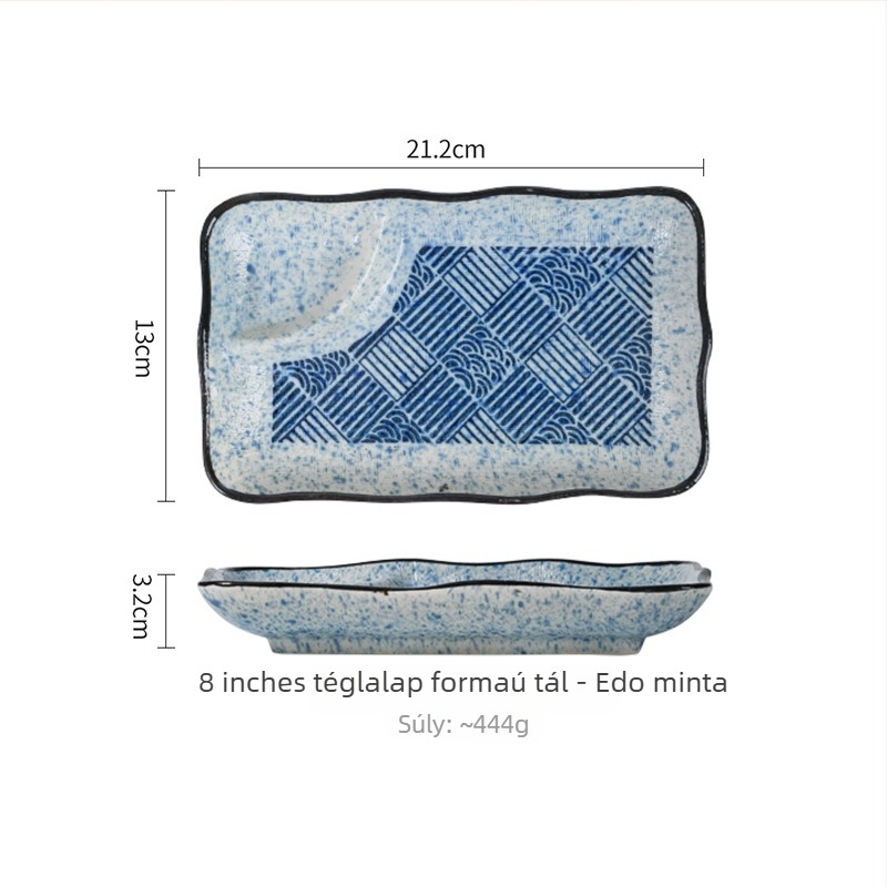 Porcelán négyszögletes tál mártóhálóval és ecetes edénykével, retro stílus, alglazúros szín
