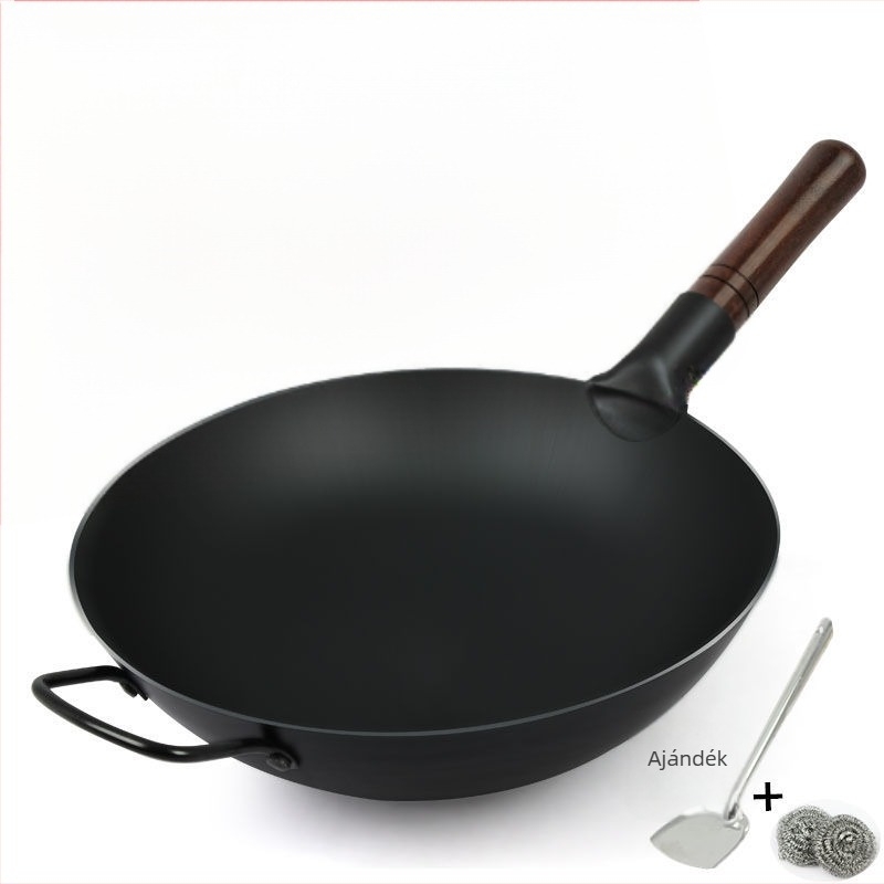 Ősi stílusú vastag vas wok kovácsolt vasból, bevonat nélküli és tapadásmentes tulajdonságokkal, fedél rozsdamentes acélból üvegpanellel, alkalmas gázlángos tűzhelyhez