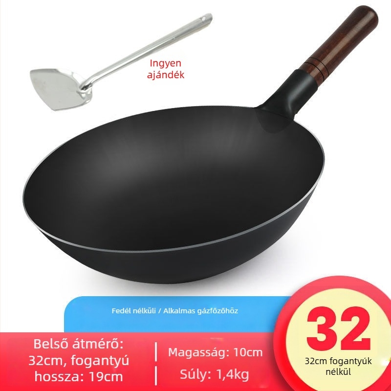 Ősi stílusú vastag vas wok kovácsolt vasból, bevonat nélküli és tapadásmentes tulajdonságokkal, fedél rozsdamentes acélból üvegpanellel, alkalmas gázlángos tűzhelyhez