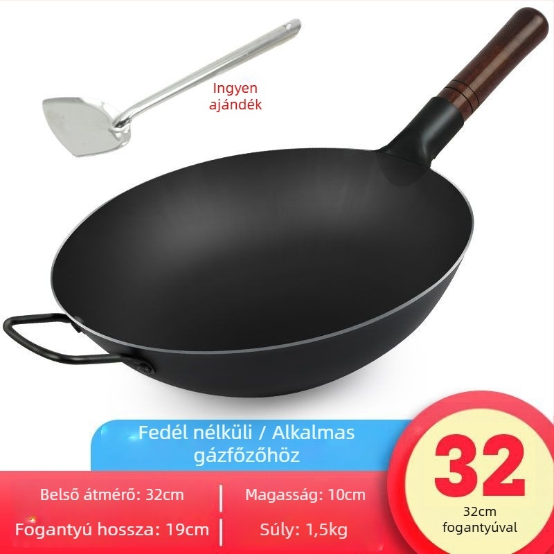 Ősi stílusú vastag vas wok kovácsolt vasból, bevonat nélküli és tapadásmentes tulajdonságokkal, fedél rozsdamentes acélból üvegpanellel, alkalmas gázlángos tűzhelyhez