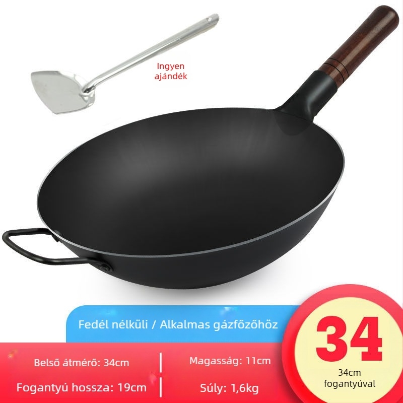 Ősi stílusú vastag vas wok kovácsolt vasból, bevonat nélküli és tapadásmentes tulajdonságokkal, fedél rozsdamentes acélból üvegpanellel, alkalmas gázlángos tűzhelyhez