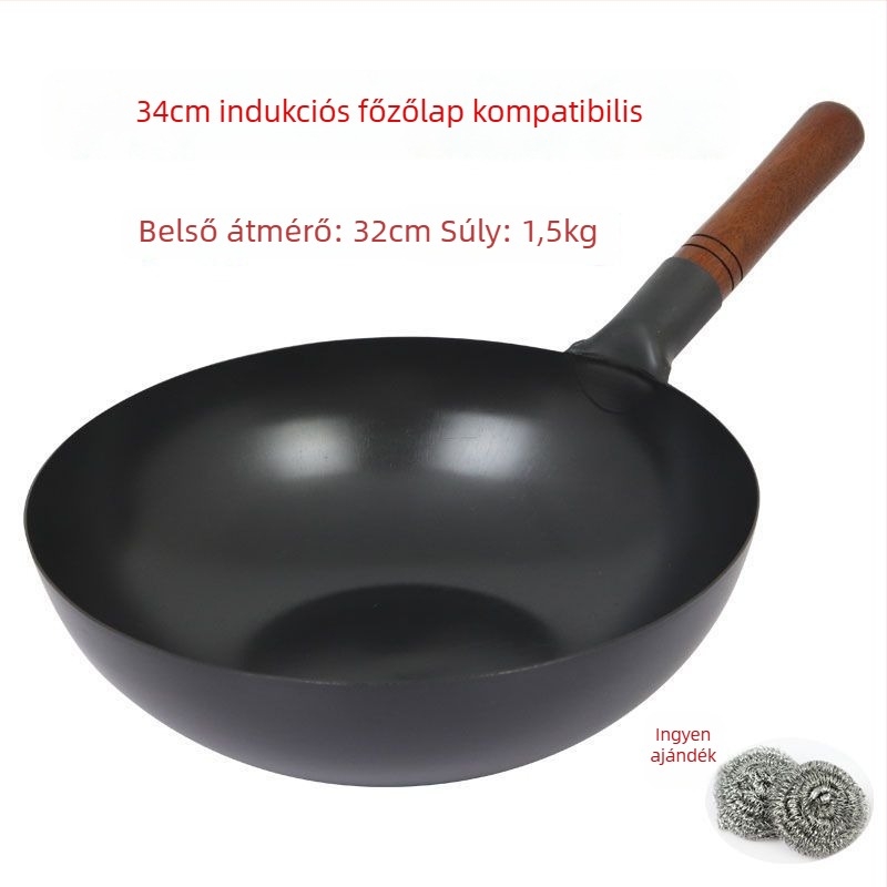 Ősi stílusú vastag vas wok kovácsolt vasból, bevonat nélküli és tapadásmentes tulajdonságokkal, fedél rozsdamentes acélból üvegpanellel, alkalmas gázlángos tűzhelyhez