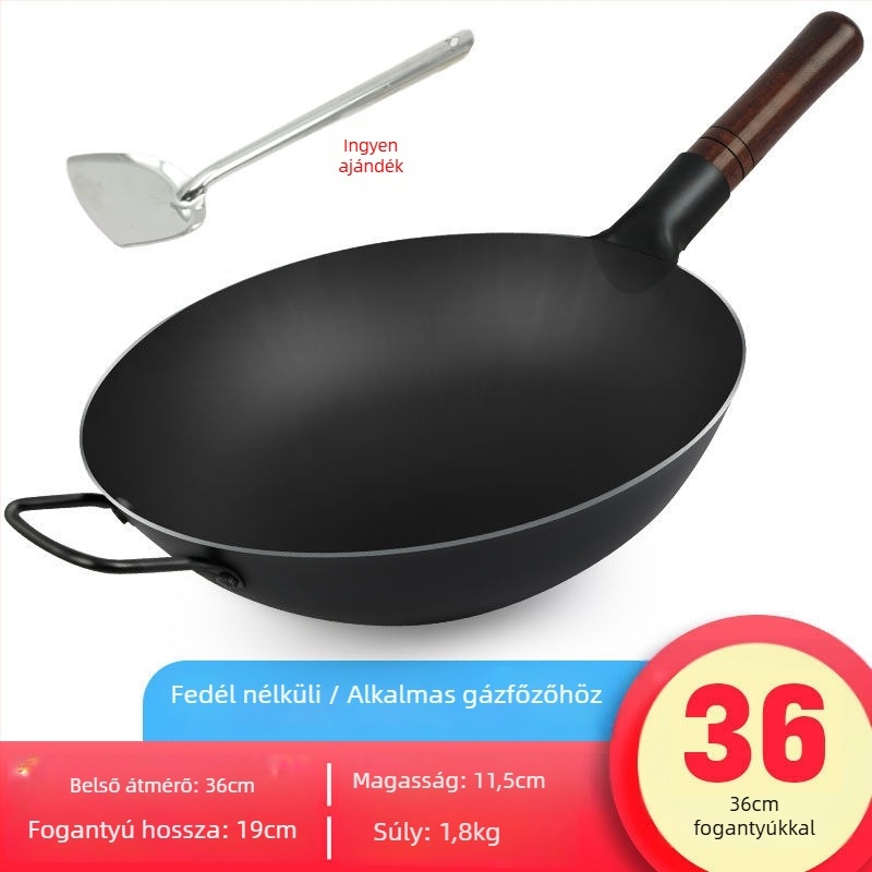 Ősi stílusú vastag vas wok kovácsolt vasból, bevonat nélküli és tapadásmentes tulajdonságokkal, fedél rozsdamentes acélból üvegpanellel, alkalmas gázlángos tűzhelyhez